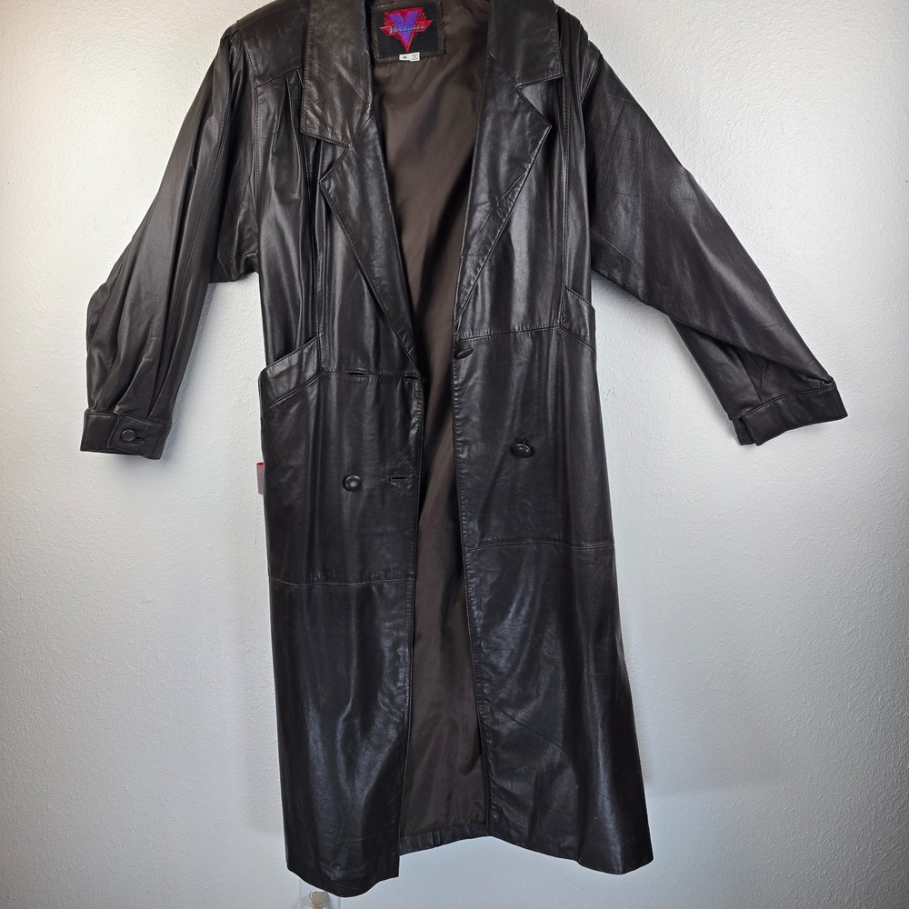Vintage Verducci Trench Jacket Womens Medium Black Genuine Leather Pleated Y2K